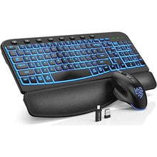 Load image into Gallery viewer, SABLUTE Ergonomic Wireless Keyboard and Mouse Combo - Wave Keyboard with Soft Leather Wrist Rest, Resistant Keys, RGB Backlit Rechargeable Set for PC/Mac/Chromebook (Black)