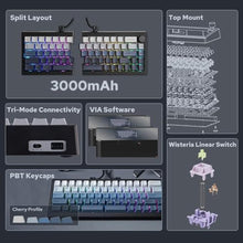 Load image into Gallery viewer, EPOMAKER Split65 QMK/VIA Programmable Keyboard, Wireless Mechanical Keyboard in 2.4Ghz/Bluetooth/Type-C, Ergonomic Gaming Keyboard in Split Layout with RGB Backlit (Wisteria Linear Switch)