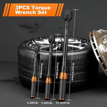 Load image into Gallery viewer, 1/4 3/8 1/2-inch Drive Click Torque Wrench, 3Pcs 4-20Ft.lb, 5-45Ft.lb, 15-165Ft.lb Torque Wrench Set with ±3% Accuracy, 72-Tooth, Dual-Direction for Bike, Motorcycle, Car Repair