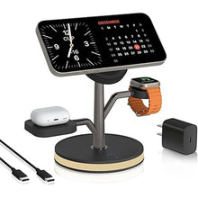 Load image into Gallery viewer, 3 in 1 Charging Station for Apple Devices, Fast Charging Magsafe Charger Stand with LED Light and 20W PD Adapter, Wireless Nightstand Charger for iPhone16/15/14/13/12 Series& AirPods& iWatch and More