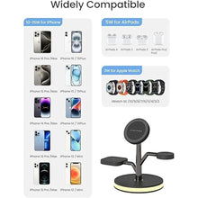 Load image into Gallery viewer, 3 in 1 Charging Station for Apple Devices, Fast Charging Magsafe Charger Stand with LED Light and 20W PD Adapter, Wireless Nightstand Charger for iPhone16/15/14/13/12 Series& AirPods& iWatch and More
