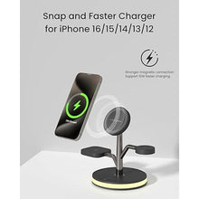 Load image into Gallery viewer, 3 in 1 Charging Station for Apple Devices, Fast Charging Magsafe Charger Stand with LED Light and 20W PD Adapter, Wireless Nightstand Charger for iPhone16/15/14/13/12 Series& AirPods& iWatch and More