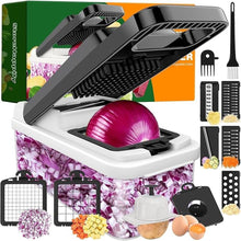 Load image into Gallery viewer, 12-in-1 Vegetable Chopper, 7 Blades Veggie Chopper with Container and Lid, Dicer, Slicer, Multifunctional Kitchen Gadgets, Vegetable Cutter with Handle, Onion Cutter(Black/White)