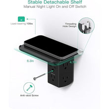 Load image into Gallery viewer, Wall Outlet Extender with Shelf and Night Light, Surge Protector, USB Wall Charger with 5 AC Outlets and 2 USB A Ports 2 USB C Ports Wide Space 3-Sided Power Strip Multi Plug Outlets, Black