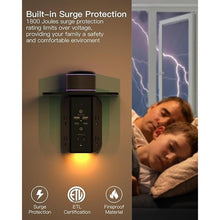 Load image into Gallery viewer, Wall Outlet Extender with Shelf and Night Light, Surge Protector, USB Wall Charger with 5 AC Outlets and 2 USB A Ports 2 USB C Ports Wide Space 3-Sided Power Strip Multi Plug Outlets, Black