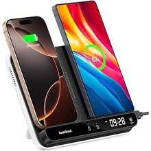 Load image into Gallery viewer, Dual Wireless Charger Stand, SwanScout 504, Foldable Wireless Charging Station Pad for iPhone 16/15/14 Series, Samsung S25/S24/S23, Pixel, Android Phones, AirPods/Galaxy Buds, Adapter Included