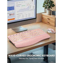 Load image into Gallery viewer, SABLUTE Ergonomic Wireless Keyboard and Mouse Combo - Wave Keyboard with Soft Leather Wrist Rest, Resistant Keys, RGB Backlit Rechargeable Set for PC/Mac/Chromebook (Pink)