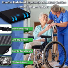 Load image into Gallery viewer, Ergonomic Cooling Gel Wheelchair Cushion, Memory Foam Seat Cushion for Sciatica, Coccyx, Back Pain & Pressure Sore Relief, Anti-Bedsore Design with Ventilation, Detachable Strap, Washable Cover