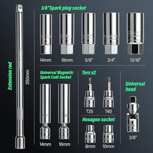 Load image into Gallery viewer, 14PCS 3/8 Drive Torque Wrench 5-45ft.lb, Magnetic Spark Plug Socket Set with 3/8" Universal Joint & 10" Extension Rod, Cr-V Steel Swivel Sockets for Automotive Tools