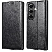 Load image into Gallery viewer, WallchauG for Samsung Galaxy S25 Genuine Leather Wallet Case, Built-in Card Holder RFID Blocking Kickstand, Protective Shockproof Phone Case for S25, Black