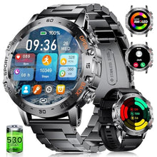 Load image into Gallery viewer, Military Smart Watch for Men(Answer/Dial Calls),1.45'' AMOLED/100 Sports Modes, 5ATM Waterproof Fitness Watch with Heart Rate/SpO2/Sleep Tracker for Android and iOS,530MAH Smartwatch Black Steel