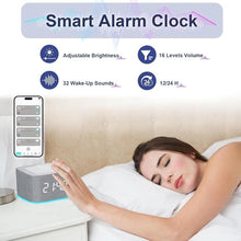 Load image into Gallery viewer, Sound Machine Alarm Clock for Baby Adult, 32 Soothing Sounds White Noise Machine, Night Lights Bluetooth Speaker, APP Control Noise Machine with Dimmable Clock for Kids Teens