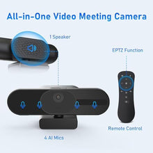 Load image into Gallery viewer, 4K Webcam with Speaker and 4 AI Noise-Cancelling Mics, Wide Angle PC Cameras with Remote, Auto Focus, Privacy Cover, Tripod, Great for Computer, Zoom, Skype, Teams, Laptop, Personal Video Calling