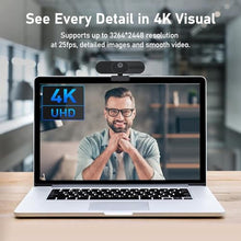 Load image into Gallery viewer, 4K Webcam with Speaker and 4 AI Noise-Cancelling Mics, Wide Angle PC Cameras with Remote, Auto Focus, Privacy Cover, Tripod, Great for Computer, Zoom, Skype, Teams, Laptop, Personal Video Calling