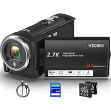 Load image into Gallery viewer, Muitune Camcorder Video Camera QHD 2.7K 56MP 16X Digital Zoom Vlogging Camera with LED Fill Light for YouTube, 2.8 Inch 270 Degree Rotation LCD Screen Camcorder with 32GB SD Card and Two Batteries