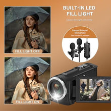 Load image into Gallery viewer, Muitune Camcorder Video Camera QHD 2.7K 56MP 16X Digital Zoom Vlogging Camera with LED Fill Light for YouTube, 2.8 Inch 270 Degree Rotation LCD Screen Camcorder with 32GB SD Card and Two Batteries