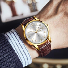 Load image into Gallery viewer, Taxau Brown Leather Watches for Men White Big Dial Gold Classic Luxury Dress Watch Men Cheap Casual Simple Waterproof Analog Quartz Men s Wrist Watches with Day Date Relojes para Hombre