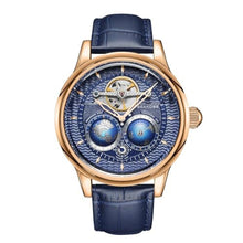 Load image into Gallery viewer, Watches for Men Automatic Mechanical Luxury Flywheel Watch 3D Double Globe Stainless Steel Case Leather Strap Men Wrist Watch Rose White Brown