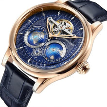 Load image into Gallery viewer, Watches for Men Automatic Mechanical Luxury Flywheel Watch 3D Double Globe Stainless Steel Case Leather Strap Men Wrist Watch Rose White Brown