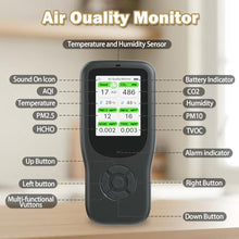 Load image into Gallery viewer, 11-in-1 Air Quality Monitor - Portable Indoor Air Quality Detector with Stand, Real-Time Test for AQI, CO2, PM2.5, PM1.0, PM10, TVOC, HCHO, Particles, Temperature & Humidity with Aler (Black-White)