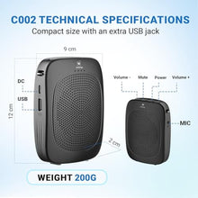Load image into Gallery viewer, Wireless Voice Amplifier with Headset Microphone,Personal Wireless Bluetooth Amplifier with Mic,Teachers Microphone Wireless,Mini Megaphone Speaker,Portable PA System for Classroom C002