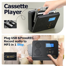 Load image into Gallery viewer, Portable Cassette Tape Player, FM Radio/USB Player/MP3 Digital Converter, Built-in Dual Stereo Speaker & Rechargeable Battery, LCD Display with Headphone Jack