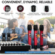 Load image into Gallery viewer, Wireless Microphone, UHF Dual Wireless Metal Dynamic Microphone System with Rechargeable Receiver, Suitable for Karaoke Singing, Weddings DJ Party, Speech, Church, Classroom use, 200 fee