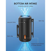 Load image into Gallery viewer, Mini Clip On Waist Fan with Infinite Speed Dial, Rechageable Hands-Free Wearable Shirt/Belt Fan with High Speed Airflow, Portable Neck Fan for Outdoor Working Camping Fishing Cooling Down