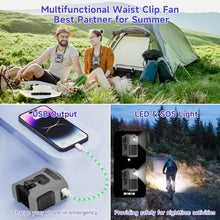 Load image into Gallery viewer, Portable Waist Fan with 5 Speeds, 16000RPM Strong Airflow, 10000mAh Rechargeable Hands-Free Neck Fan with Flashlight & SOS Mode, Wearable Clip Belt Fans for Camping Travel Jobsite Farms Fishing