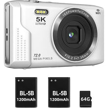 Load image into Gallery viewer, T TAKMLY Digital Camera 5K, Autofocus 16x Zoom 72MP Point and Shoot Cameras Compact Portable with Flash for Kids Boys Girls Teens Students, Anti Shake 2.8'' Screen, 64GB Card Include, White