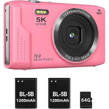 Load image into Gallery viewer, T TAKMLY Digital Camera 5K, Autofocus 16x Zoom 72MP Point and Shoot Cameras Compact Portable with Flash for Kids Boys Girls Teens Students, Anti Shake 2.8'' Screen, 64GB Card Include, Pink