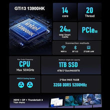 Load image into Gallery viewer, Beelink GTi13 Mini PC, Intel Core-i9 13900HK Processors (14C/20T,Up to 5.4GHz), 32GB DDR5 5200MHz 1TB SSD, Mini Computer Support Thunderbolt 4/PCle×8 Slot/WiFi6/2.5G LAN/Triple Display, AI Gaming pc