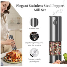 Load image into Gallery viewer, Electric Salt and Pepper Grinder Set, Upgraded Larger Capacity Stainless Steel Automatic Salt and Pepper Mill Set Refillable with 5 Adjustable Coarseness Stainless Steel Color Shaker