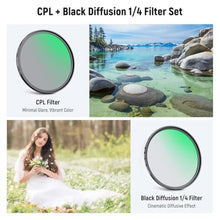Load image into Gallery viewer, NEEWER 67mm CPL + Black Mist Diffusion 1/4 Filter Set (2 Pack), Multicoated Optical Glass Circular Polarizing & Dreamy Soft Cinematic Effect Filter for Camera Lens