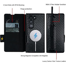 Load image into Gallery viewer, for Samsung Galaxy Z Fold 7 Wallet Case with S Pen Holder, Strong Magnetic Compatible with MagSafe, Hinge Protection Luxury Carbon Fiber Texture Leather 3 Card Slots with RFID Blocking (Black)