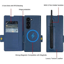 Load image into Gallery viewer, for Samsung Galaxy Z Fold 7 Wallet Case with S Pen Holder, Strong Magnetic Compatible with MagSafe, Hinge Protection Luxury Carbon Fiber Texture Leather 3 Card Slots with RFID Blocking (Blue)