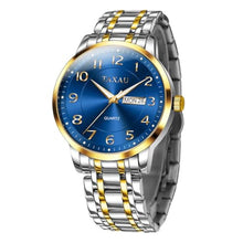Load image into Gallery viewer, Taxau Two Tone Watches for Men Silver Gold Watch for Men Luxury Stainless Steel Wrist Watch Waterproof Analog Quartz Business Classic Casual Dress Mens Watches Large Blue Face with Day and Date