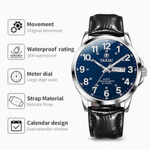Load image into Gallery viewer, Taxau Watches for Men Wrist Watch Mens Luxury Silver Watch Men Leather Strap Black Waterproof Analog Quartz Minimalist Casual Dress Men s Watch Classic Big Blue Face with Day and Date