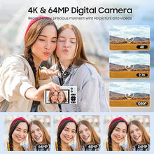Load image into Gallery viewer, 4K Digital Camera, 64MP Vlogging Camera for Photography with 3" 180° Flip Screen, 16X Digital Zoom Point and Shoot Camara with 64GB SD Card for Beginner (White)