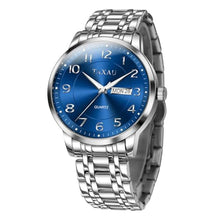 Load image into Gallery viewer, Taxau Blue Stainless Steel Band Watches for Men with Day Date Silver Large Face Watch Quartz Arabic Numerals Dress Analog Classic Waterproof Relojes para Hombres