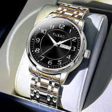 Load image into Gallery viewer, Taxau Mens Watches Stainless Steel Band Black Dial with Day Date Silver Watches for Mens Quartz Large Face Classic Arabic Numerals Waterproof Relojes para Hombres