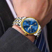 Load image into Gallery viewer, Taxau Stainless Steel Band Men s Wrist Watches with Day Date Waterproof Blue Large Face Quartz Gold Watch Arabic Numerals Dress Analog Classic Reloj De Hombre