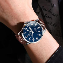 Load image into Gallery viewer, Taxau Waterproof Classic Blue Watch The Leather is Brown Mens Watches Large Dial Arabic Numerals Vintage Reloj De Hombre