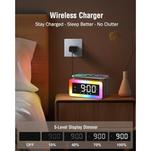 Load image into Gallery viewer, Alarm Clock with Wireless Charging, White/Brown Noise Sound Machine, Bluetooth Speaker Night Light, Wooden Digital Alarm Clocks for Bedrooms,Wireless Charger for iPhone, Birthday Gifts for Men Women