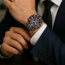 Load image into Gallery viewer, Heyssen Watches for Men Stainless Steel Dress Watch for Mens Quartz Analog Wrist Luxury Black Metal Tone Black Red Dial Big Classic Diver Waterproof Chronograph Black Face Business Man Gift