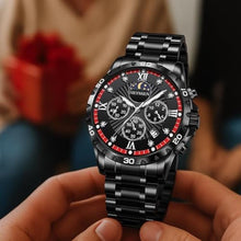 Load image into Gallery viewer, Heyssen Watches for Men Stainless Steel Dress Watch for Mens Quartz Analog Wrist Luxury Black Metal Tone Black Red Dial Big Classic Diver Waterproof Chronograph Black Face Business Man Gift