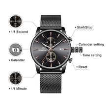 Load image into Gallery viewer, CalmTick Professional Japanese VD51 Movement Men s Business Watch - 3 Year Battery Life, Luminous Hands, Date Display Chronograph - Stainless Steel Strap (Black-Rose Gold)