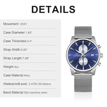 Load image into Gallery viewer, CalmTick Professional Japanese VD51 Movement Men s Business Watch - 3 Year Battery Life, Luminous Hands, Date Display Chronograph - Stainless Steel Strap (Silver-Blue dial)