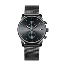 Load image into Gallery viewer, CalmTick Professional Japanese VD51 Movement Men s Business Watch - 3 Year Battery Life, Luminous Hands, Date Display Chronograph - Stainless Steel Strap (Black-Lake Blue)