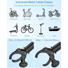 Load image into Gallery viewer, Kolasels Gooseneck Tablet Holder for Spin Bike, Stationary Bicycle, Wheelchair, Treadmill, Indoor Bike, Peloton, Elliptical, Tablet Mount Clamp for iPad Pro, Air, Mini, Galaxy Tabs, 4.7-12.9" Tablets
